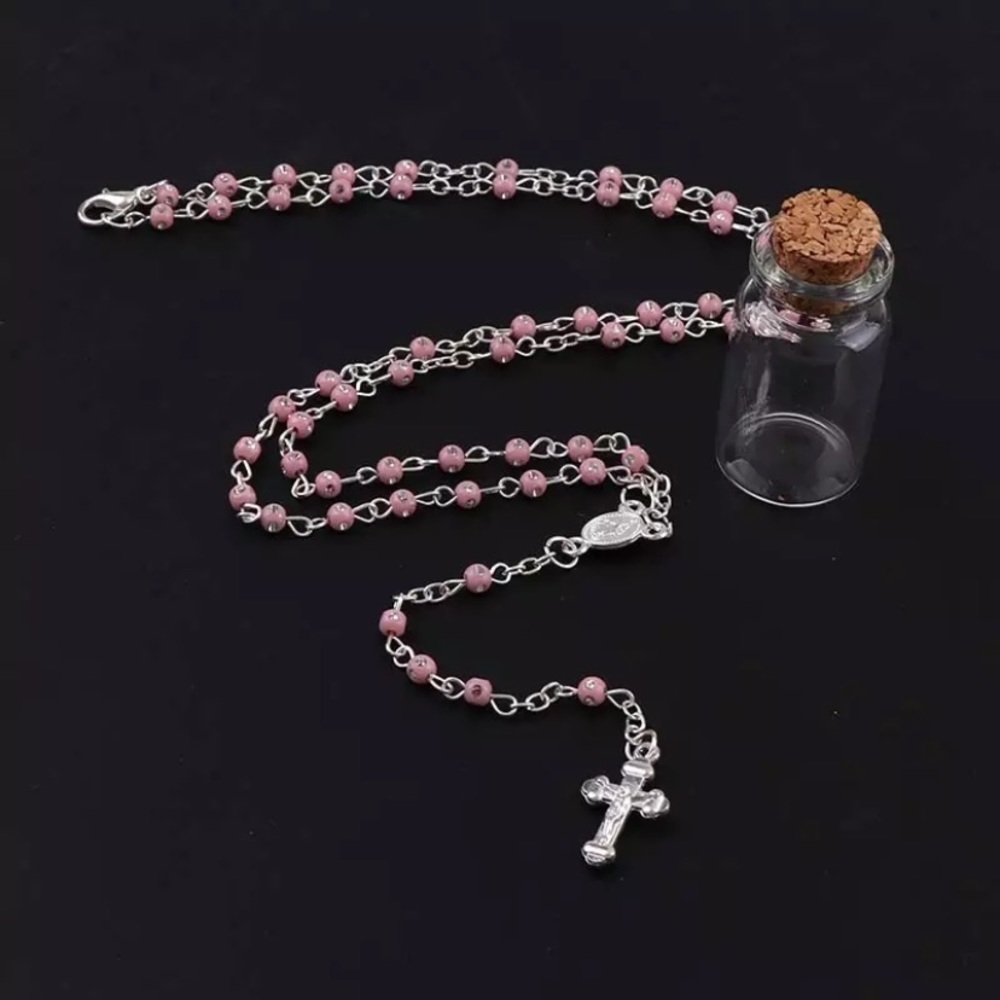 Pink Catholic Holy Rosary With 4mm Beads Silver Crucifix and Chain Accents